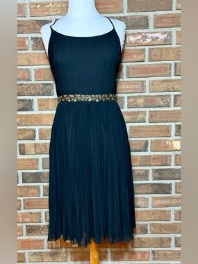Tocca Dress Size 4 Black Pleated Midi Sequin Waist Crisscross Back